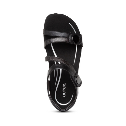 Aetrex Women's Jess Adjustable Quarter Strap Sandal in Black